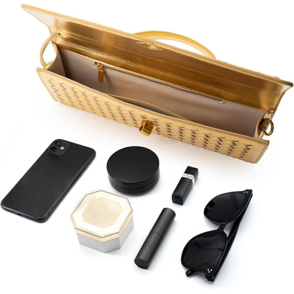 🆕Woven Clutch Purses for Women Gold Leather Evening Bag Shoulder Handbag - Picture 3 of 6